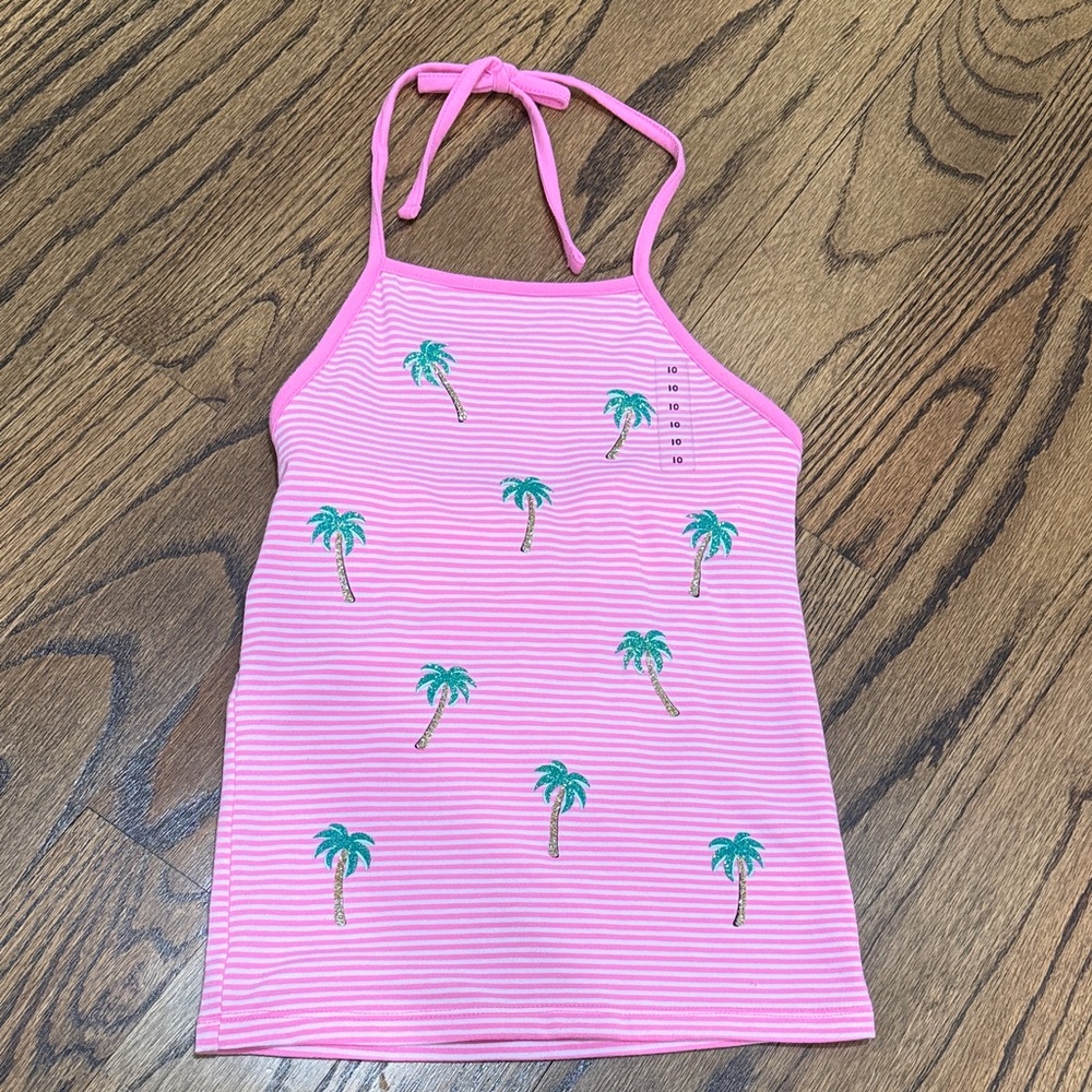 Justice Pink Striped Tank Top with Palm Trees Halter - Size 10